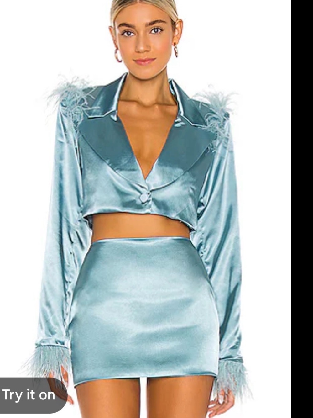 Danielle Guizio Satin Feather-Trim Mini Skirt Set in sea foam